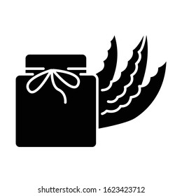 Organic wax black glyph icon. Aloe vera cream in jar. Organic lotion with medicinal herbs. Plant based cosmetic. Skincare product. Silhouette symbol on white space. Vector isolated illustration