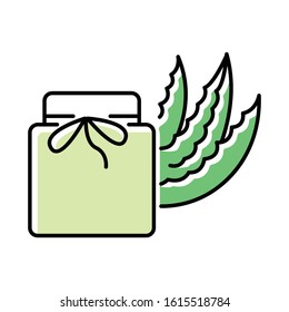Organic wax green color icon. Aloe vera cream in jar. Organic lotion with medicinal herbs. Plant based cosmetic. Skincare product with healing effect. Beauty treatment. Isolated vector illustration