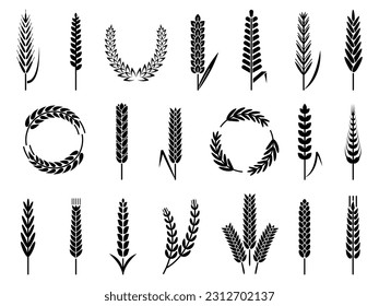 Organic wheat barley ears, bakery harvest symbols. Isolated agriculture elements. Oat or malt for beer and bread. Decent vector silhouettes