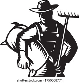 Organic Wheat Farmer with Rake and Sack Woodcut Retro 