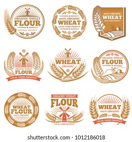 Organic wheat flour, farming grain products vector labels and logos. Flour badge market illustration