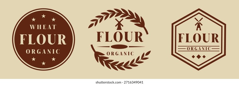 Símbolo de vetor de farinha de trigo orgânico e coleção de selos com moinho de vento, coroa de trigo e estrelas, ideal para rótulos de embalagens de alimentos, marca de padaria e selos de certificação de ingredientes naturais.
