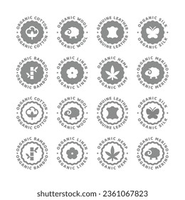 Organische Wolle, Baumwolle und Leinen, Vektorgrafik. Naturhanf und Seide, echtes Ledermaterial oder Stoffsymbol.