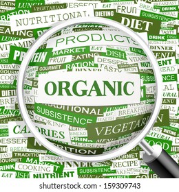 ORGANIC. Word cloud concept illustration. Graphic tag collection. Wordcloud collage with related tags and terms. 