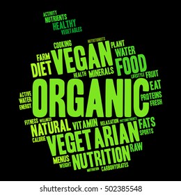 Organic word cloud in shape of apple. Healthy food concept.