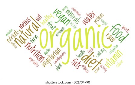Organic word cloud, white background, healthy lifestyle concept.