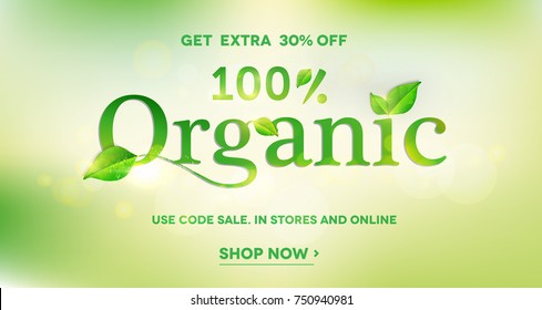 Organic word on natural green banner.Organic product sale.Vector illustration EPS10