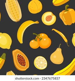 Organic yellow farm produce. Seamless vector pattern of fresh fruits and vegetables.