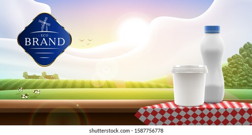 Organic Yogurt blank packaging mock-up standing on a red napkin ad design with logo on shiny farm background, vector banner illustration for milk or yogurt product branding or advertising design