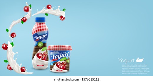 Organic yogurt with cherry berries bottle and jar design, commercial vector advertising mock-up. Beverage product packaging realistic illustration.