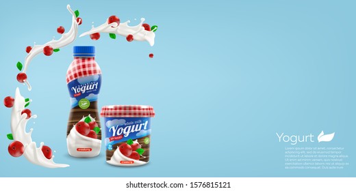 Organic yogurt with cranberry berry bottle and jar design, commercial vector advertising mock-up. Beverage product packaging realistic illustration.