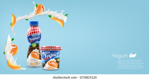 Organic yogurt with peach or apricot bottle and jar design, commercial vector advertising mock-up. Beverage product packaging realistic illustration.