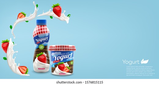Organic yogurt with strawberry berries bottle and jar design, commercial vector advertising mock-up. Beverage product packaging realistic illustration.