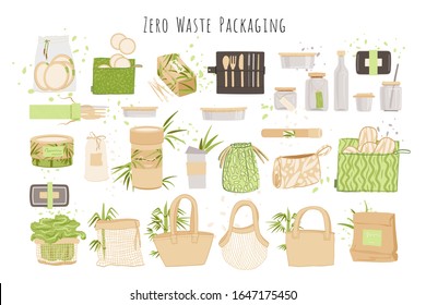 Organic Zero Waste Reusable packaging, paper boxes, Eco-friendly Natural Bamboo Cotton textile bag, washable lunch boxes and glass. Zero waste packaging vector collection