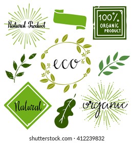 Organic100% food labels set, bio, eco stickers, stamps, organic rubber stamps, icons, logo, frames, leaves. Card design isolated calligraphic text, hand drawn
