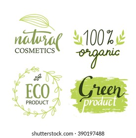 Organic,bio,ecology natural labels vector set. Green logo with plants elements,wreaths and texture. Hand drawing painting design template.