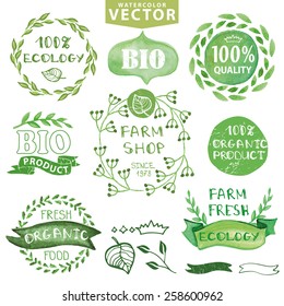 Organic,bio,ecology natural logotypes elements set.Vector Green organic Watercolor logo Badges,ribbons,plant element,wreaths,laurels,letters,text.Hand drawing painting design template.Bio green vector