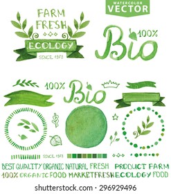 Organic,bio,ecology natural logotypes elements set.Vector Green organic Watercolor logo Badges,ribbons,plant element,wreaths,laurels,letters,text.Hand drawing painting design template.Bio green vector