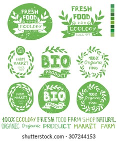 Organic,bio,ecology natural  logotypes set.Green logo,grunge Badges, labels,ribbons,plants elements,wreaths and laurels,letters and text.Hand drawing painting design template.Vintage vector