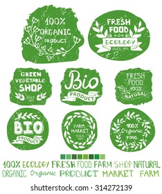 Organic,bio,ecology natural shop logotypes set.Green logo,grunge Badges, labels,ribbons,plants elements and laurels,letters and text.Hand drawing painting design template.Vintage vector