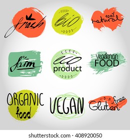 Organic,bio,vegan frash eco natural shape set. Organic food labels vector set. Fresh healthy food icons. lables for restaurant menu or food package design ,grunge Badges, Hand drawing painting 