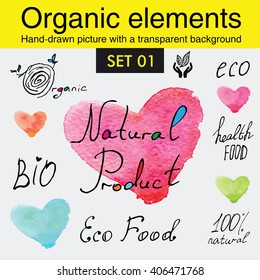 Organicelements and raw food diet designs. Organic food tags and elements set for meal and drink,cafe, restaurants and organic products packaging.Vector illustrated bio detox logo.