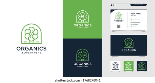 Organics with line art logo and business card design, nature, life, company, green, icon, business card, Premium Vector

