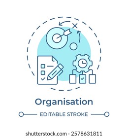 Organisation soft blue concept icon. Planning, prioritizing and coordinating tasks. Line manager skill. Round shape line illustration. Abstract idea. Graphic design. Easy to use in booklet