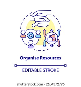 Organise resources concept icon. Humanitarian aid distribution abstract idea thin line illustration. Isolated outline drawing. Editable stroke. Roboto-Medium, Myriad Pro-Bold fonts used