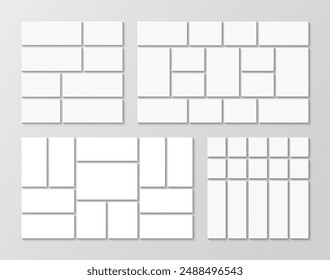 Organised portfolio template. Collage layout collection. Set of photo moodboard. Mosaic pictures geometric frames set. Mood board grid. Album brandboard. Gallery banner. Vector illustration