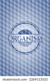 Bio-blaues Emblem mit geometrischem Musterhintergrund. Vektorgrafik. Detaillierte Angaben. 