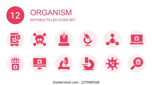 organism icon set. Collection of 12 filled organism icons included Virus, Microscope, Bacterias