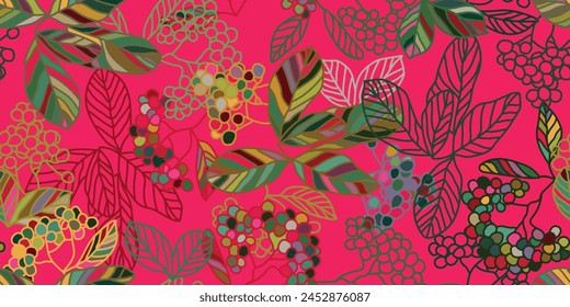 An organism inspired art paint depicting a seamless pattern of leaves and berries in varying tints and shades of magenta on a pink background, forming a rectangular design reminiscent of grass