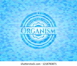 Organism sky blue emblem with triangle mosaic background