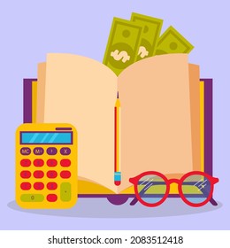 Organization of accounting, financial, and data. Accounting book, calculator, glasses, money, pen. Debit and credit. Vector illustration.