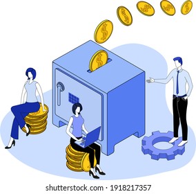 Organización del proceso bancario.El concepto de regulación bancaria.Gente en el fondo de un seguro con dinero.Imagen 3D.ilustración vectorial isométrica.