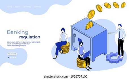 Organization of the banking process.The concept of banking regulation.People in the background of a safe with money.3D image.isometric vector illustration.The landing page template.