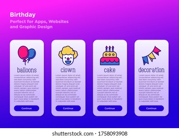 Organization of birthday party and event mobile user interface. Thin line icons: clown, balloons, decoration, cake. Vector illustration, template with copy space.