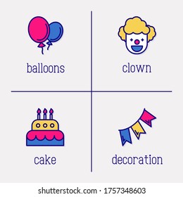 Organization of birthday party and event thin line icons: clown, balloons, decoration, cake. Vector illustration.