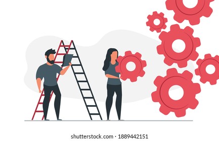 Organization of business with people together. Man and woman planning and doing business team concept vector illustration with gear