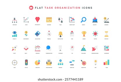 Organization of business work and tasks, workflow structure and hierarchy of solutions color icon set. Analytics charts to manage, administrate problem solving process flat element vector illustration