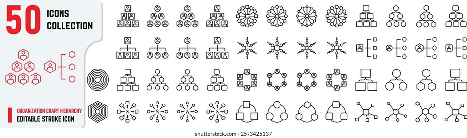 Organization Chart Hierarchy Editable Stroke Icons, Corporate Structure, Business Team Management, and Company Workflow Diagram Icons