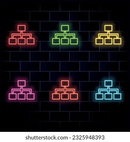 Vektorsymbole der Organisationsplan-Hierarchie Bearbeitbarer Strich. Leiter der Unternehmensabteilungen der Organisation. Untergeordnete Geschäftsführungsstruktur. Neonsymbol. viele Farben.