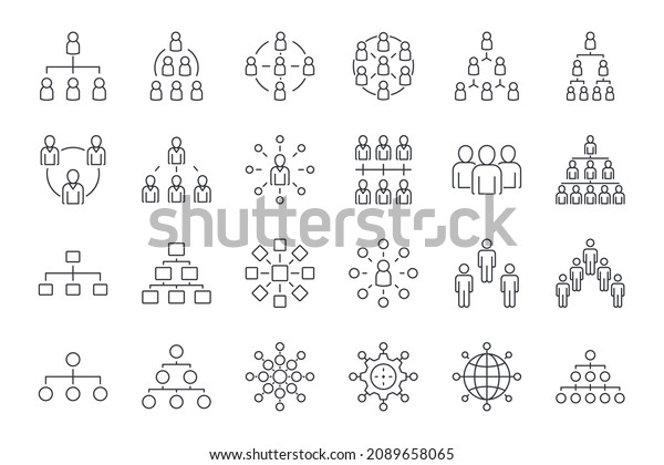 Organization chart hierarchy\
vector icons. Editable stroke. Organization company head of\
departments. Enterprise management subordinate structure.\
Businessman manager\
employee