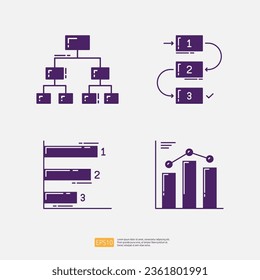 Organigramm, Hierarchie-Workflow, Statistische Diagrammleiste. Übersicht über die Unternehmensfinanzierung und Grafik-Infografik-Vektorgrafik-Symbolsatz für Solid-Glyph-Vektorgrafik