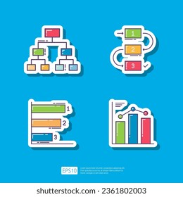 Organization Chart, Hierarchy Workflow, Statistic Diagram Bar. Business Finance Chart and Graph Infographic Sticker Vector Illustration Icon Set