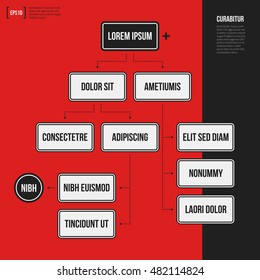 Organization chart template with geometric elements on bright red background. Useful for science and business presentations.