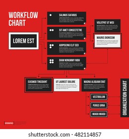 Organization chart template with geometric elements on bright red background. Useful for science and business presentations.