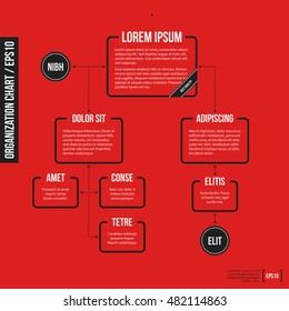 Organization chart template with geometric elements on bright red background. Useful for science and business presentations.