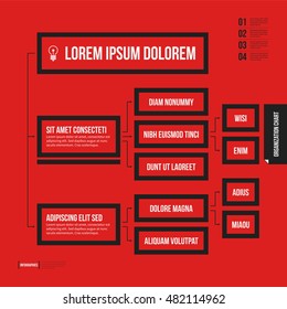 Organization chart template with geometric elements on bright red background. Useful for science and business presentations.